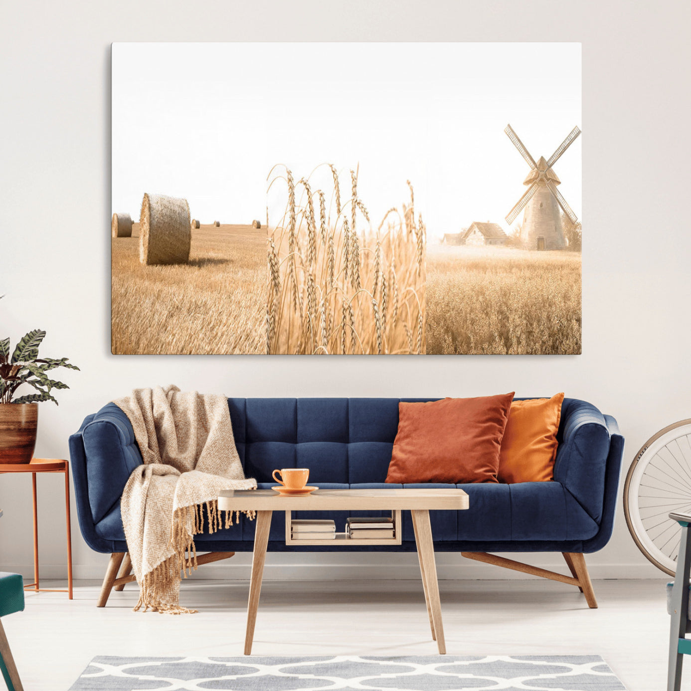 88780-MGV-CV-36X24-Vintage Farmhouse Triptych Wall Art – Giclée Canvas Featuring Wheat Fields, Hay Bales, and a