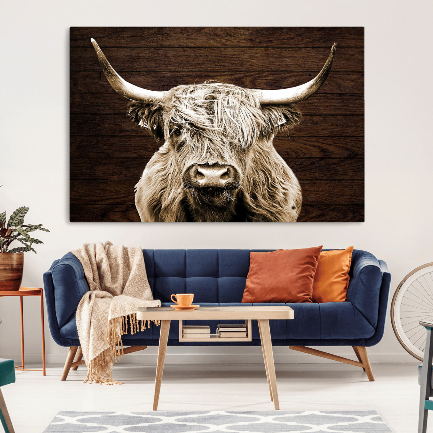 -Highland Cow Wall Art Canvas Print, Rustic Farmhouse Decor, Majestic Scottish Highland Bull Portrait