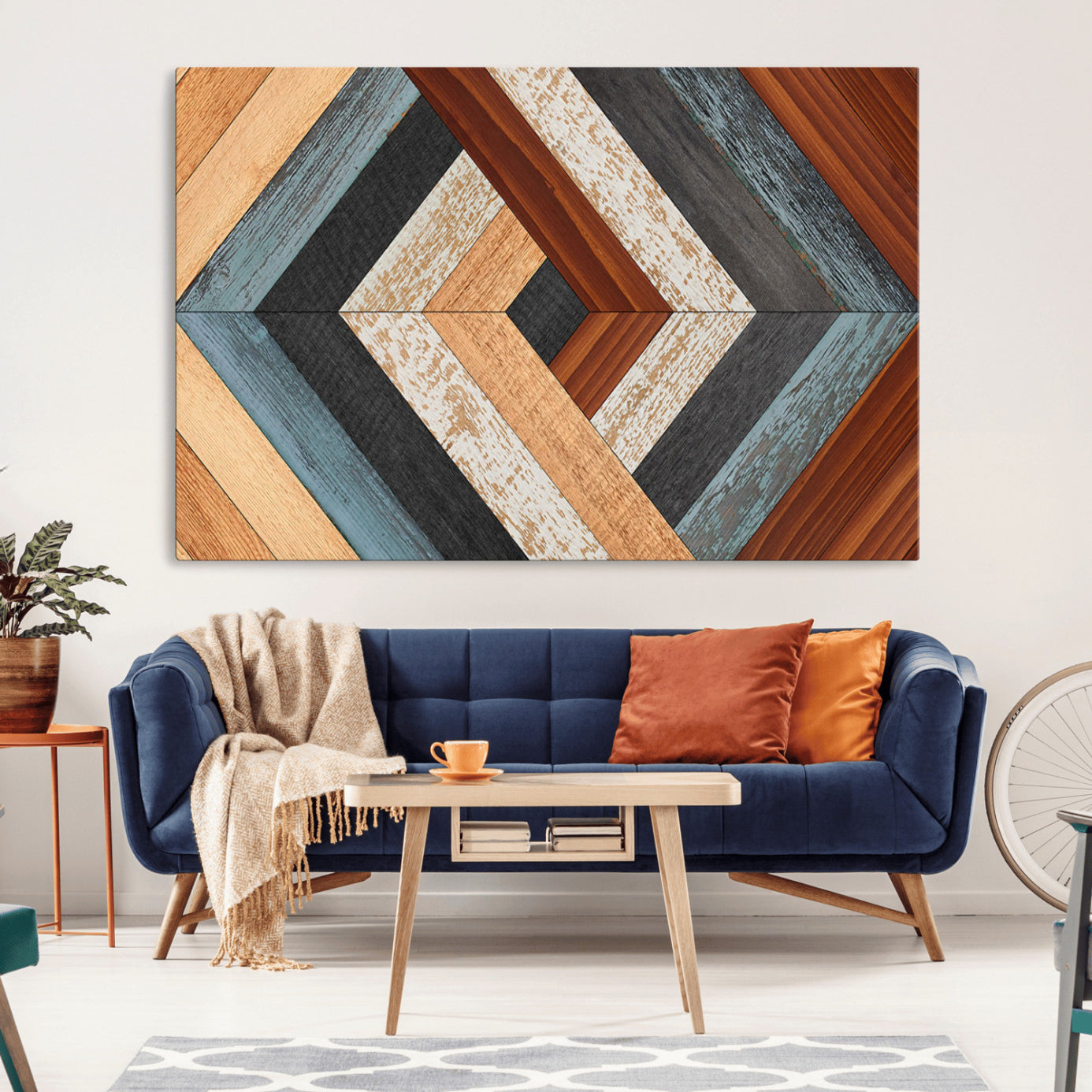 20897-MGV-CV-36X24-Geometric Wood Art Wall Decor Canvas Print, Rustic Wooden Pattern Triptych Wall Art for Living Room