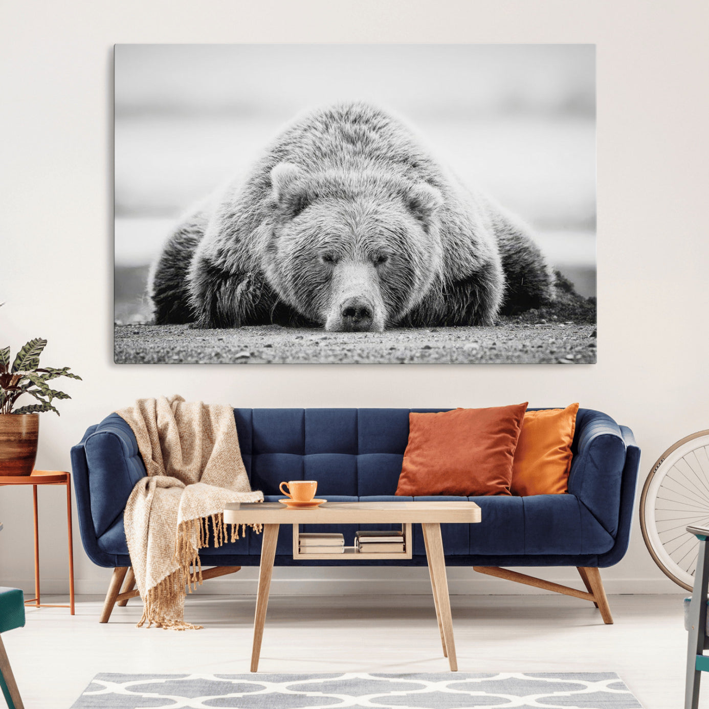 -Resting Grizzly Bear Wall Art Canvas Print – Majestic Lazy Black and White Wildlife Bear Art,