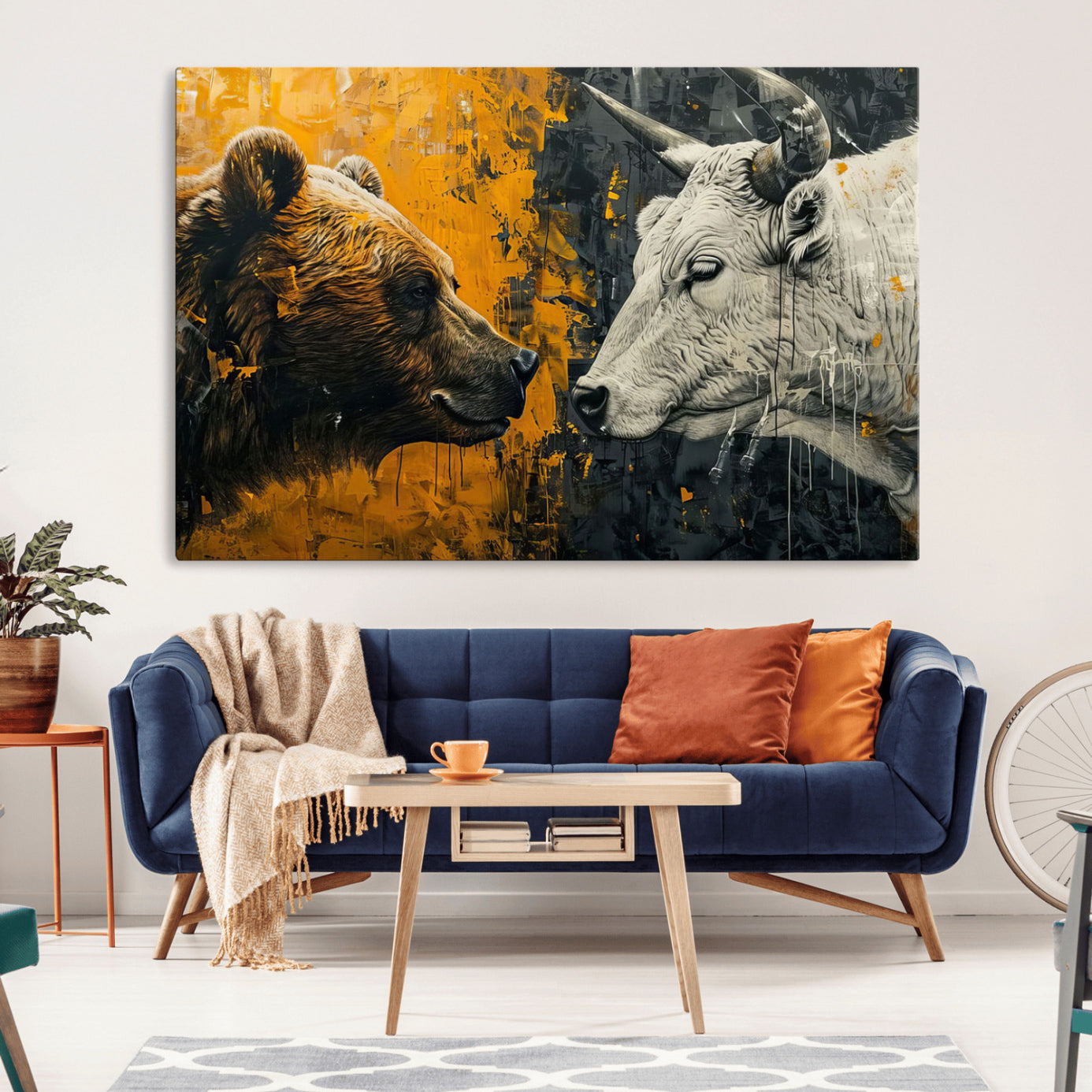 71185-MGV-CV-36X24-Bear and Bull Wall Art Canvas Print – Abstract Animal Portrait Painting for Modern Home Decor –