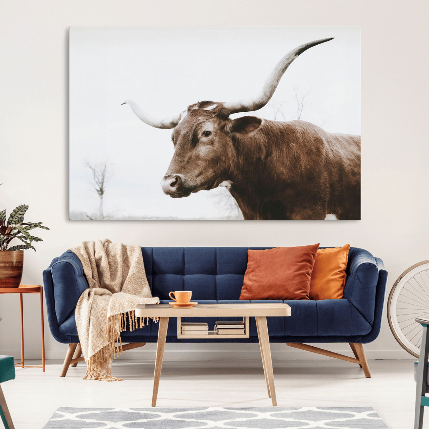 -Rustic Bull Wall Art Canvas Print – Modern Longhorn Farmhouse Animal Decor – Abstract Farm Cow