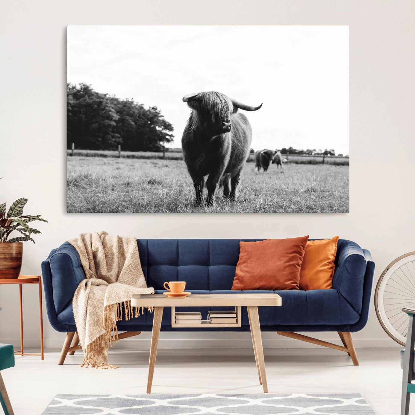 -Black and White Highland Cow Wall Art Canvas Print | Rustic Western Decor for Living Room or Office,