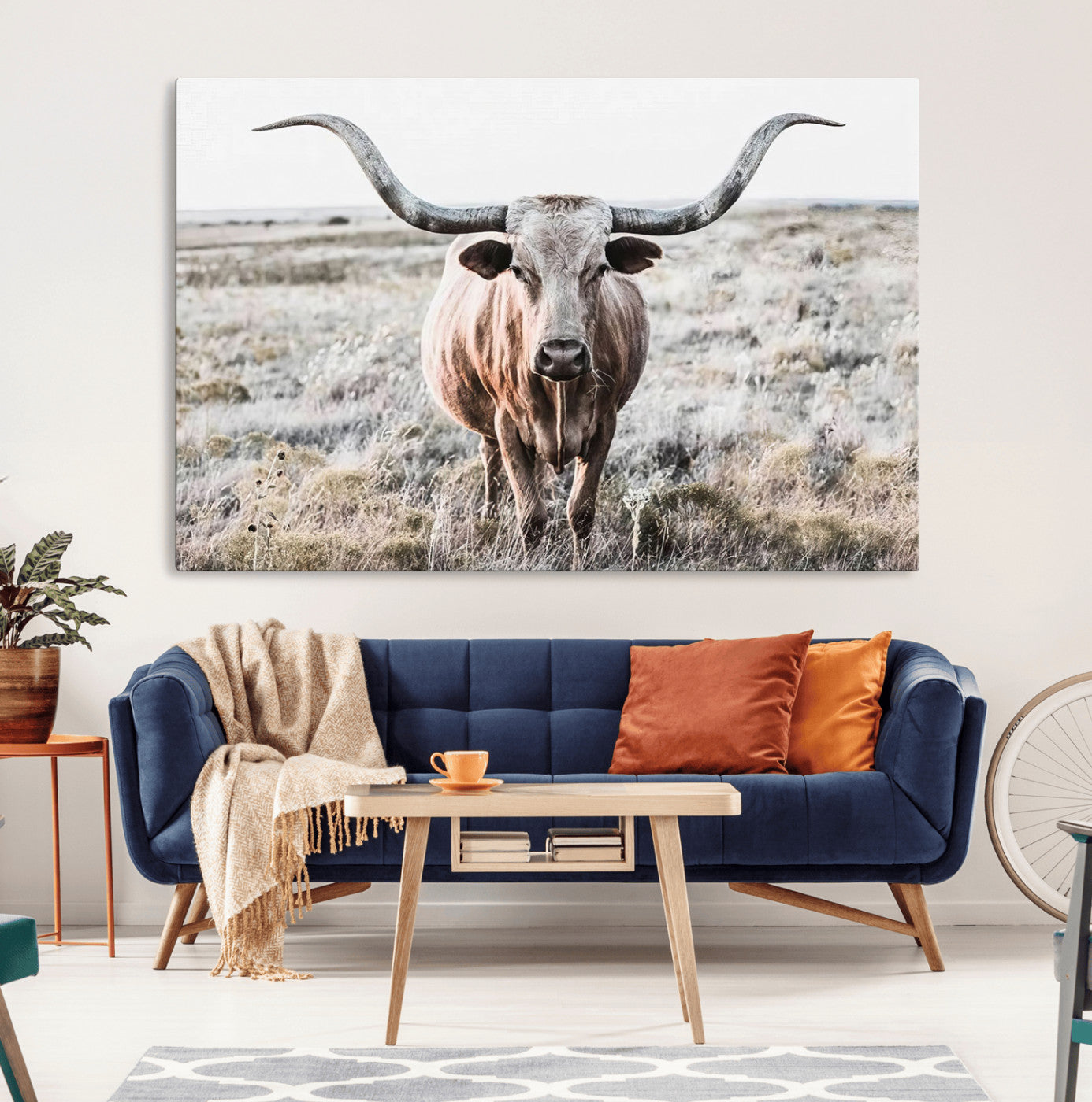 -Rustic Texas Longhorn Wall Art Canvas Print | Western Farmhouse Decor for Living Room or Office,