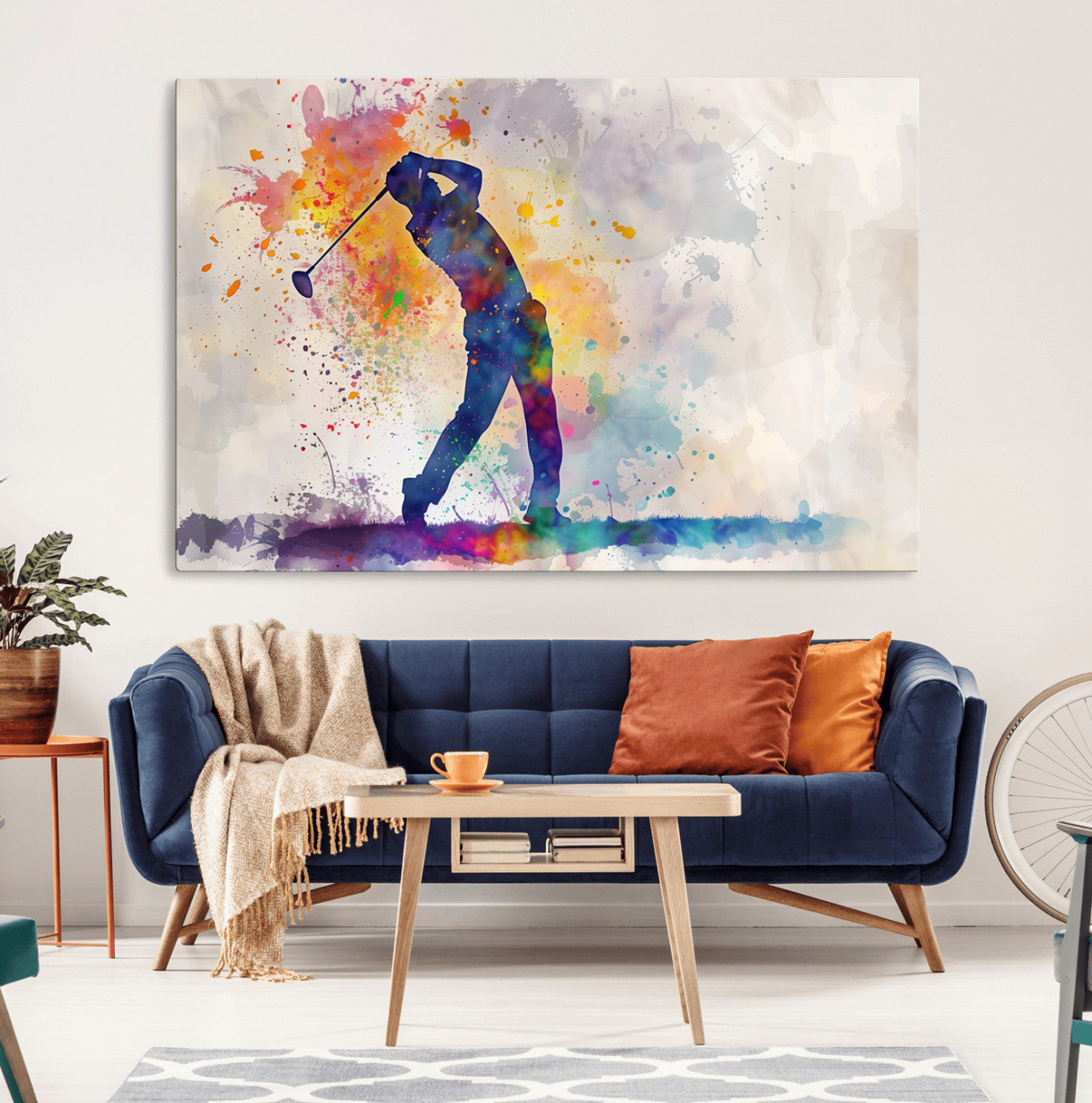 -Watercolor Golf Swing Wall Art Canvas Print | Vibrant Abstract Golf Player Silhouette |