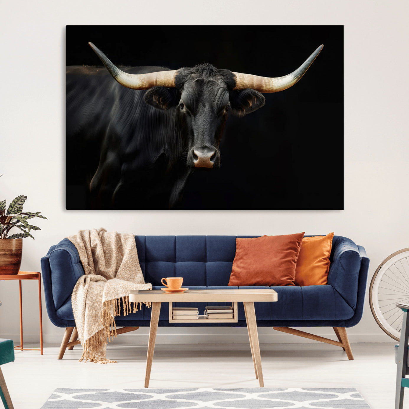 -Black Bull Wall Art – Majestic Longhorn Canvas Print with Dark Background, Rustic Western Farmhouse Decor for Living Room or Office