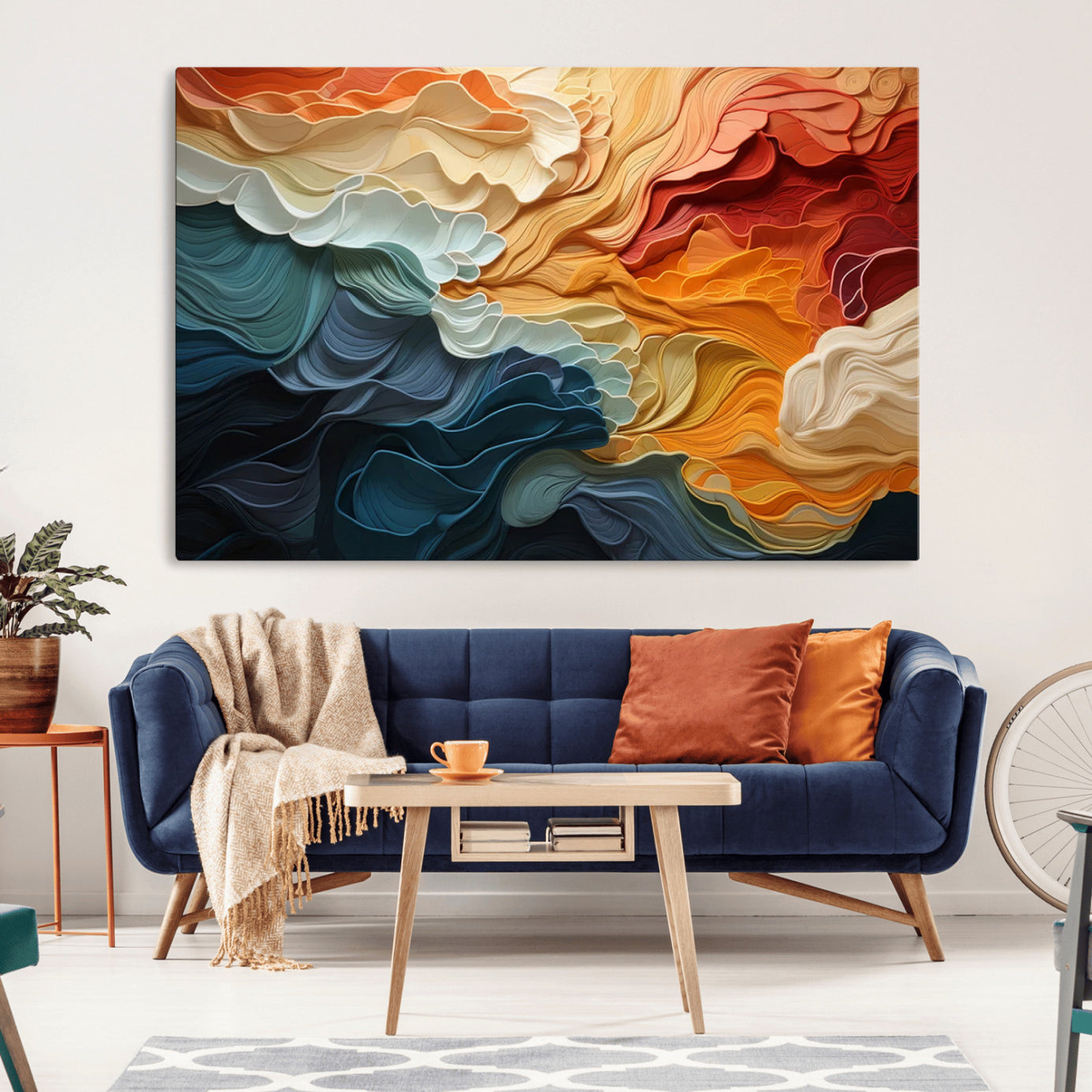 31634-MGV-CV-36X24-Blue Orange Abstract Wave Wall Art Canvas Print, Framed Blue Orange Wave Wall Art
