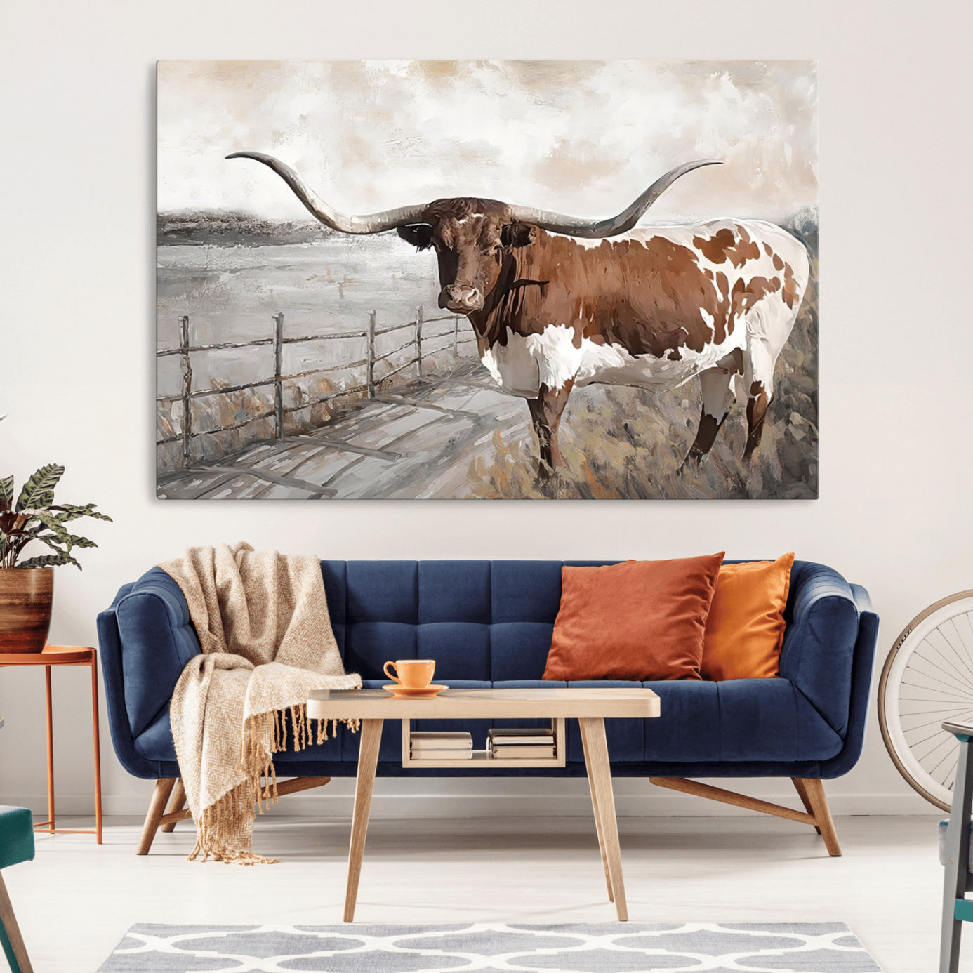 -Vintage Texas Cow Wall Art Canvas Print, Rustic Longhorn Wall Art | Canvas Print for Farmhouse Decor