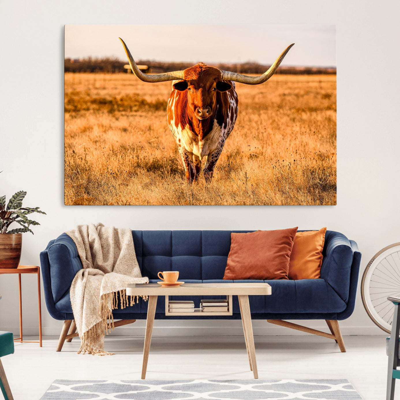 -Longhorn Cow Wall Art | Ready to Hang Framed Canvas Print for Farmhouse and Barn Decor