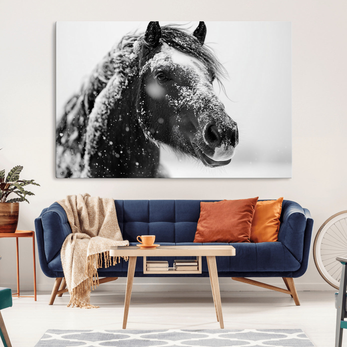 -Winter Horse Canvas Print | Large 3-Panel Black White Equine Photography for Rustic Farmhouse Wall