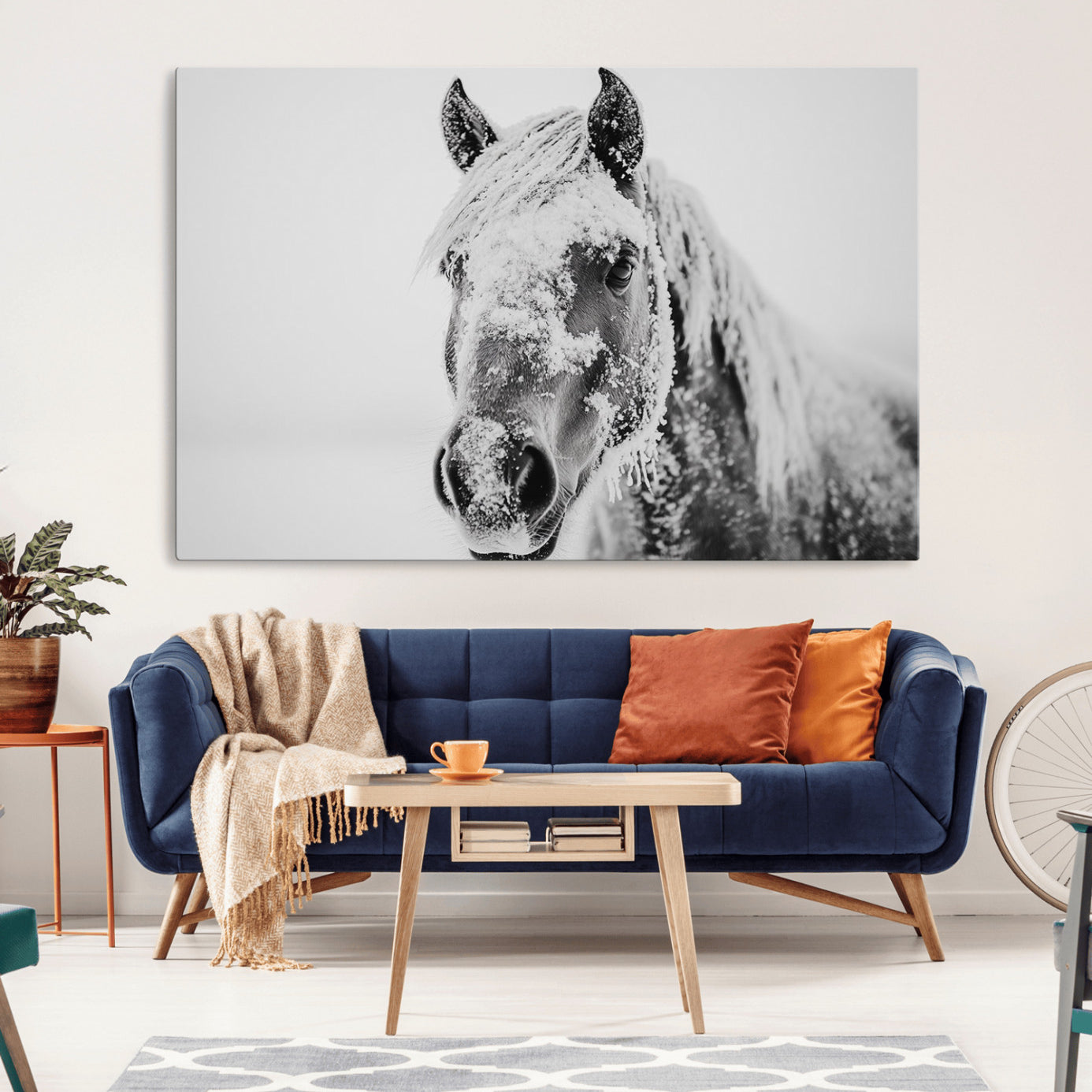 -White Horse Wall Art | Ready to Hang and Framed | Winter Horse Wall Art Print for Farmhouse and