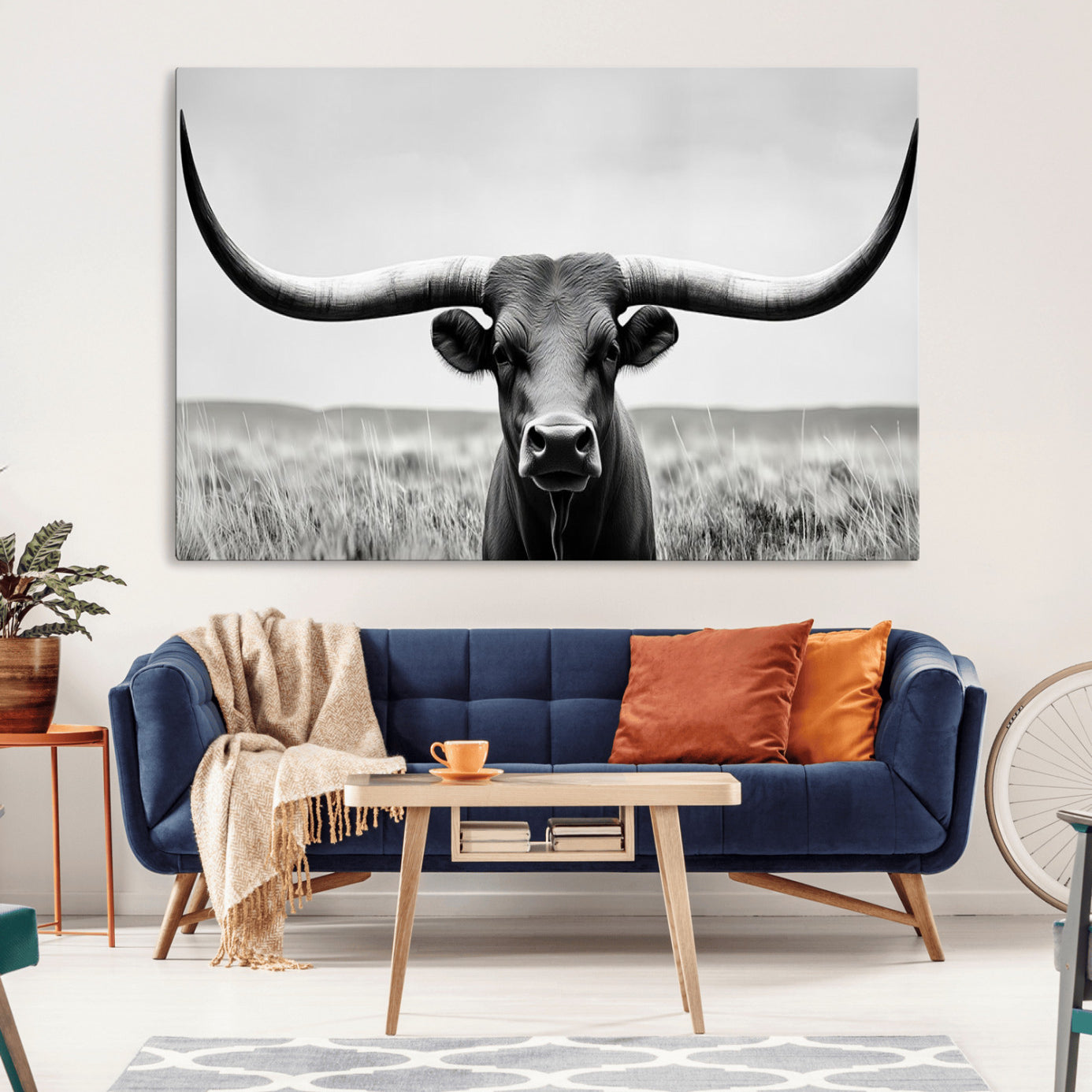 -Longhorn Bull Canvas Print | Rustic Farmhouse Wall Art | Western Decor | Ready to Hang and Framed