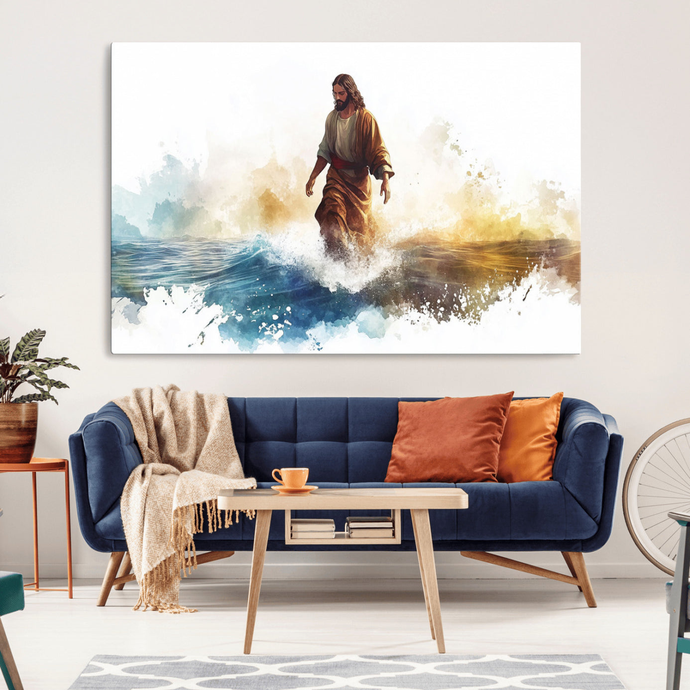 -Watercolor Jesus Walking Wall Art Print, Jesus Water Canvas Print, Christian Wall Art, Jesus Christ