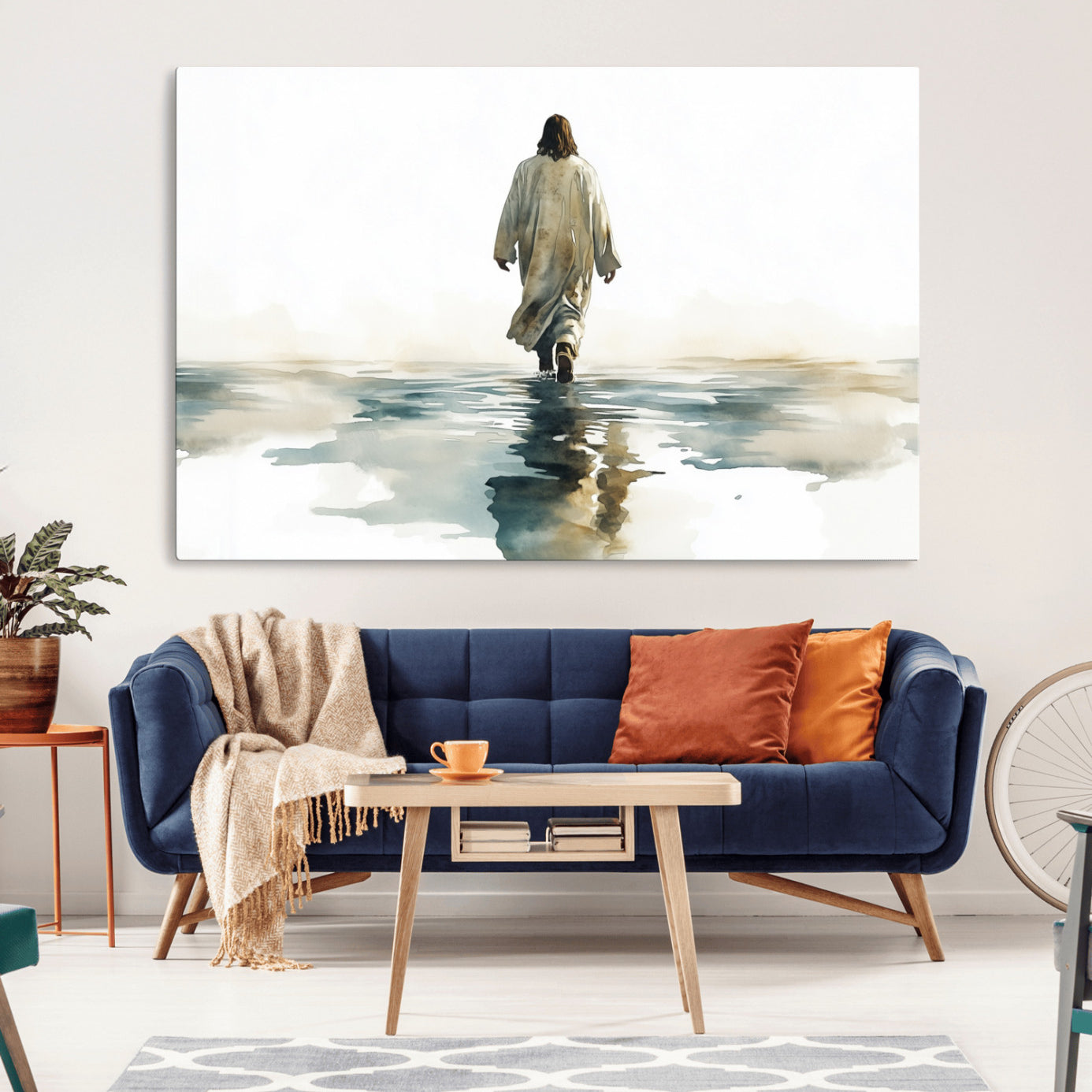 MGV-CV-36X24 - Watercolor Jesus Walking on Water Canvas Print, Christian Wall Art, Jesus Christ Walking