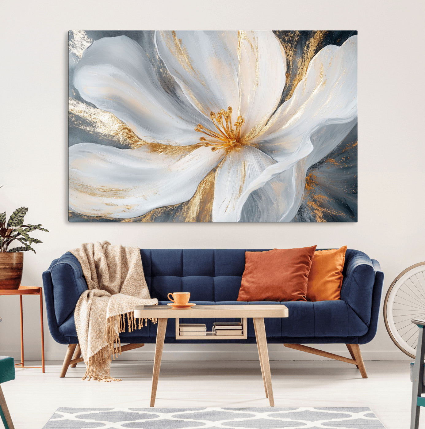 83149-MGV-CV-36X24-White and Gold Floral Canvas Wall Art - Framed and Ready to Hang - Perfect for Modern Living Rooms
