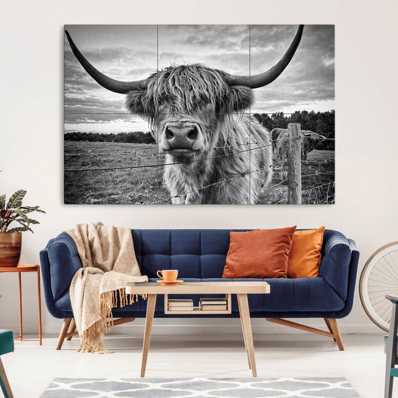 -Scottish Highland Cow Canvas Wall Art Farmhouse Decor, Framed Scottish Highland Cow Print