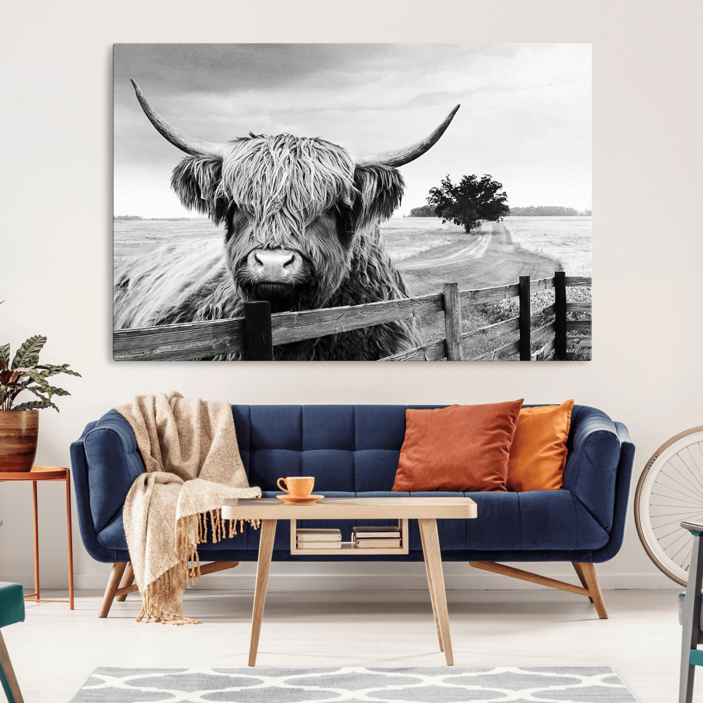 -Scottish Highland Cow Wall Art | Rustic Farmhouse Décor | Black and White Ready to Hang Canvas Print