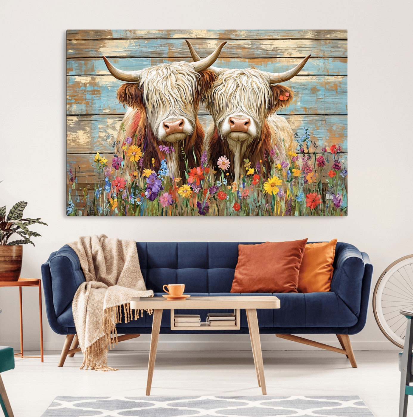 36972-MGV-CV-36X24-Cute Highland Cow Canvas Wall Art - Rustic Farmhouse Decor with Colorful Flowers Perfect Wall Art