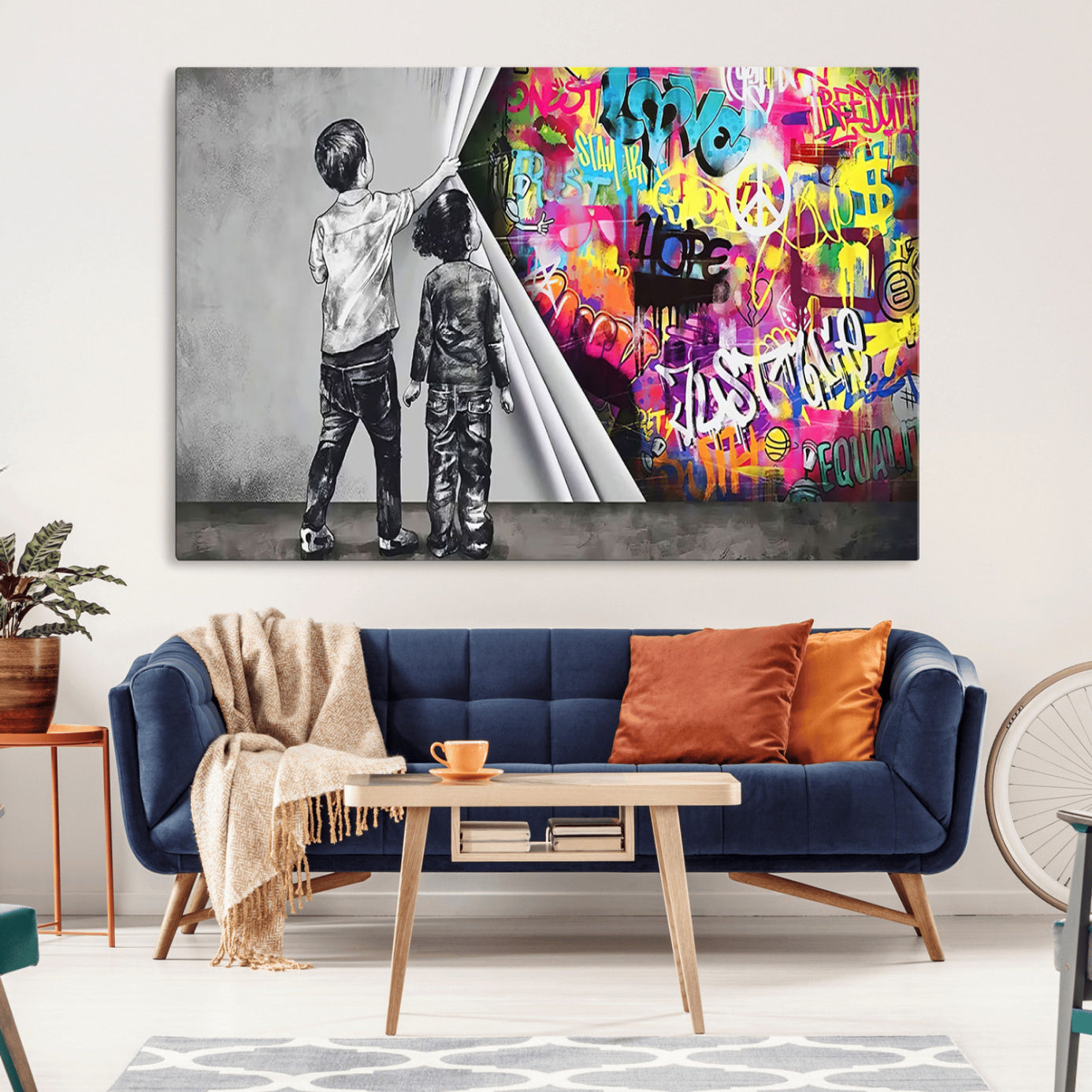 -Banksy Print - Street Art Canvas Wall Art - Kids Revealing Graffiti, Urban Modern Decor for Living