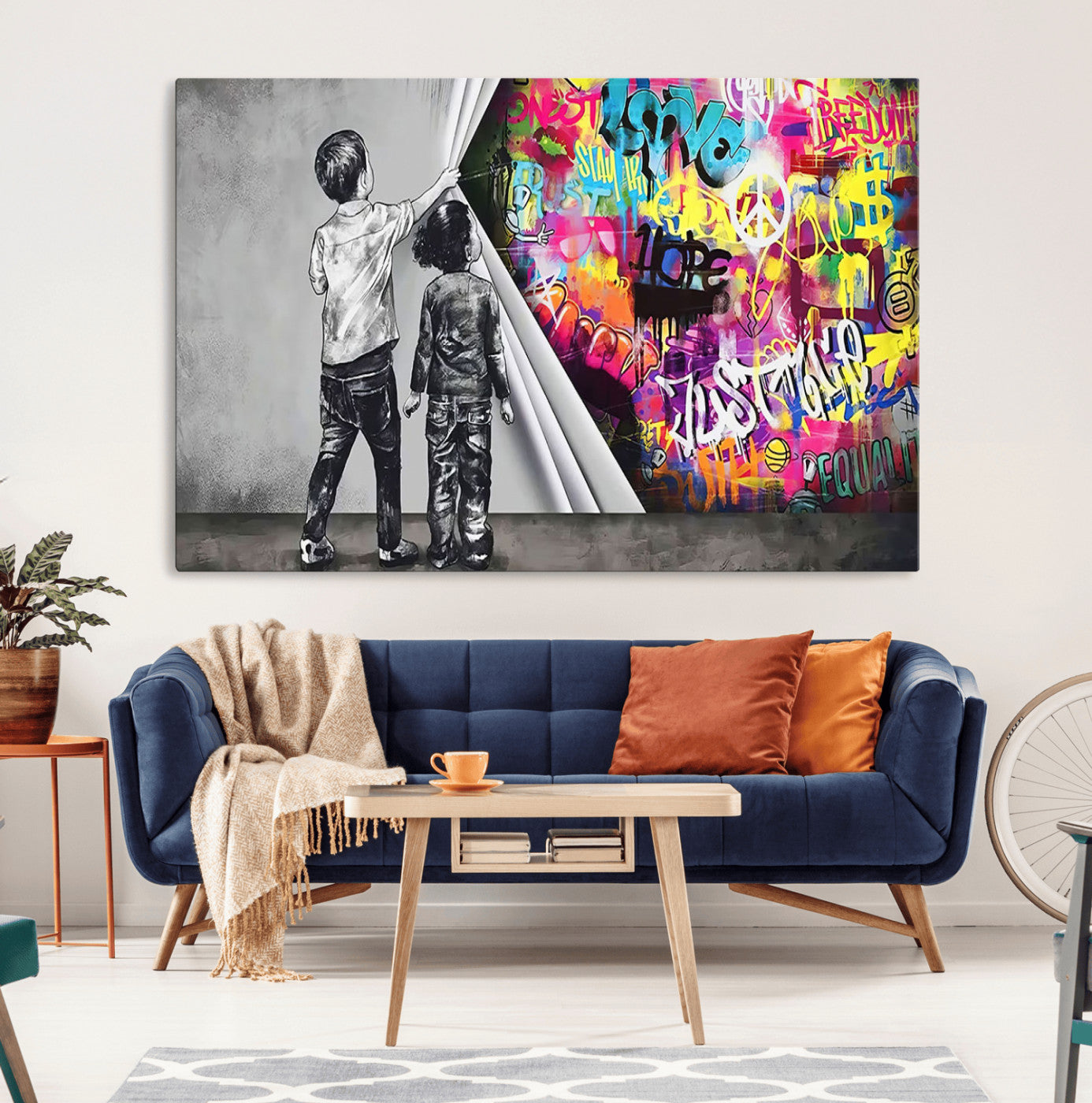 92809-MGV-CV-36X24-Banksy Print - Street Art Canvas Wall Art - Kids Revealing Graffiti, Urban Modern Decor for Living