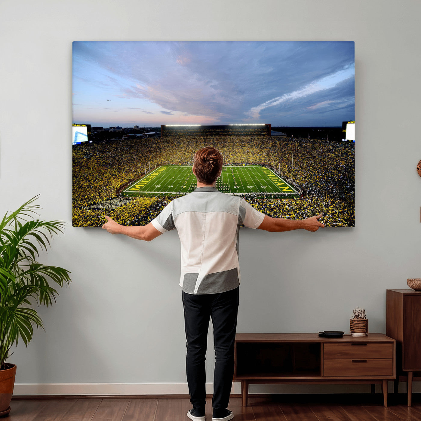 82641-MGV-CV-36X24 - Michigan Stadium Wall Art Canvas Print, Vibrant Game Day Crowd and Sunset Sky Football Field Artwork for Home, Office