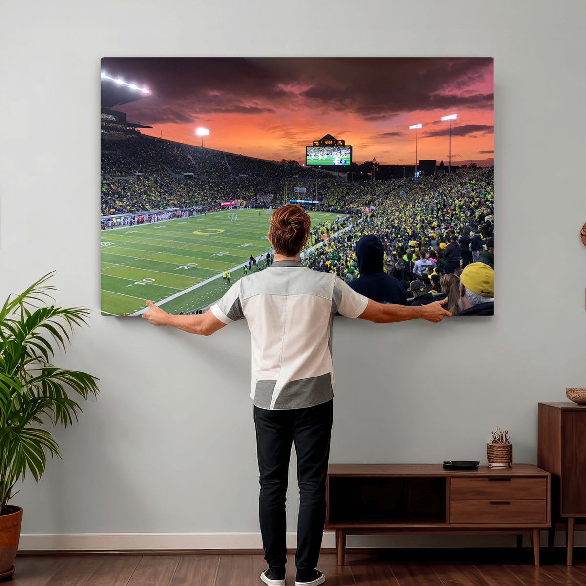 75065-PAN-FL-20X10 - Eugene Autzen Stadium Canvas Wall Art Print – Sunset Over Iconic Football Field Wall Decor for Home