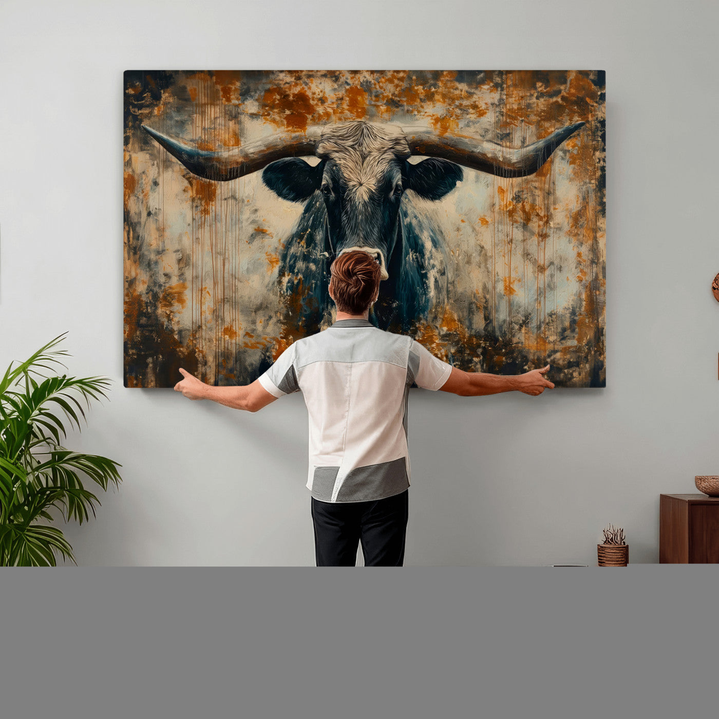 85913-MGV-CV-36X24 - Abstract Longhorn Bull Wall Art | Rustic Western Wall Decor | Framed and Ready to Hang | Ideal for