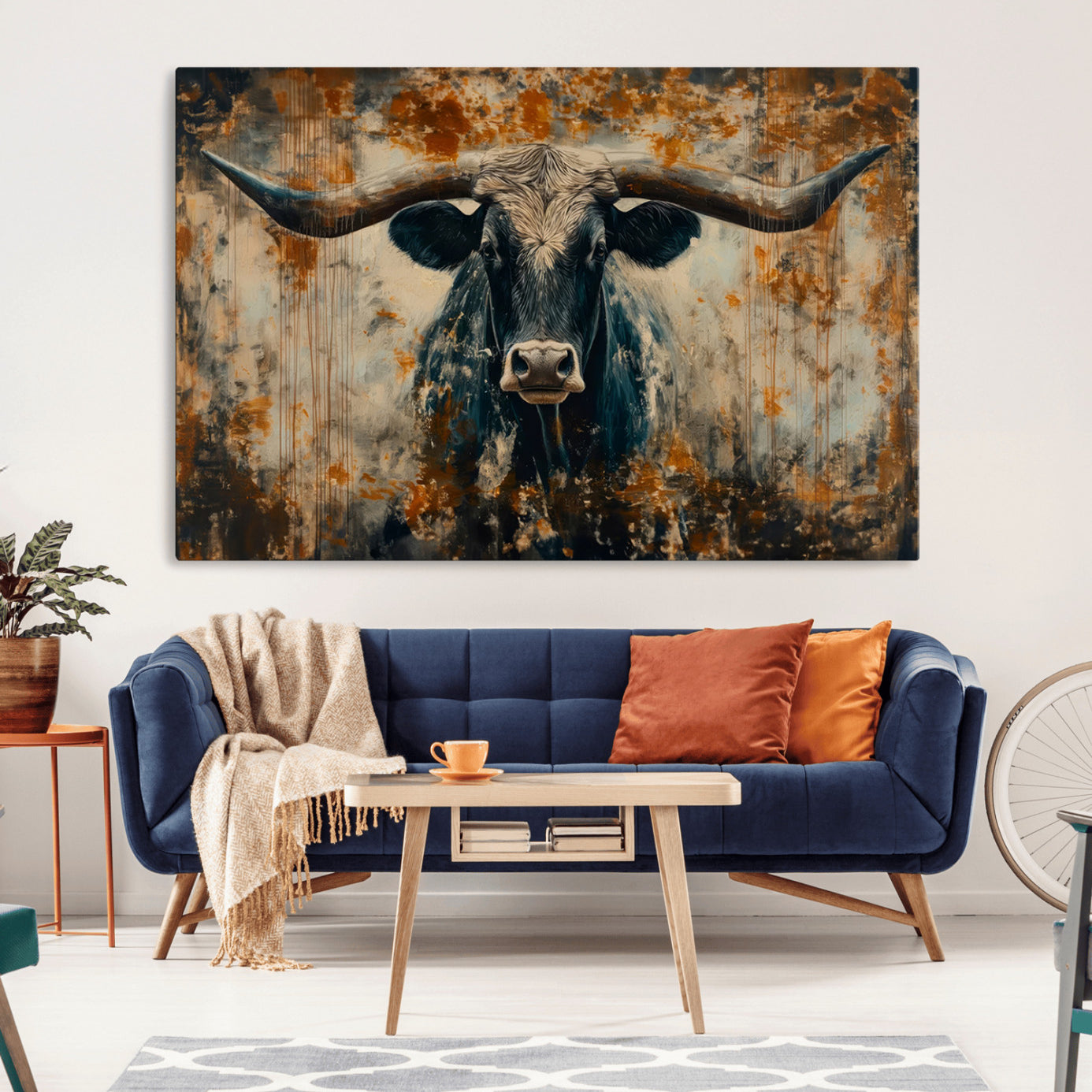 -Longhorn Wall Art – Rustic Western Bull Canvas Print, Modern Farmhouse Animal Decor for Living Room, Office, or Ranch House