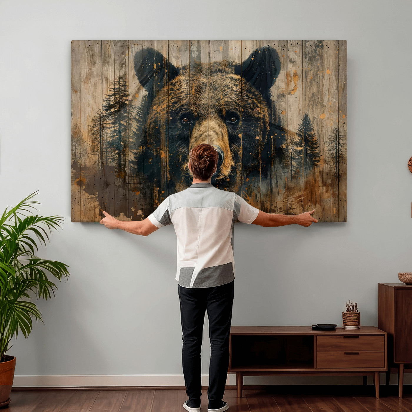 51373-MGV-CV-36X24 - Abstract 399 Bear Wall Art | Rustic Cabin Wall Decor with Forest Design for Farmhouse Wall Decor