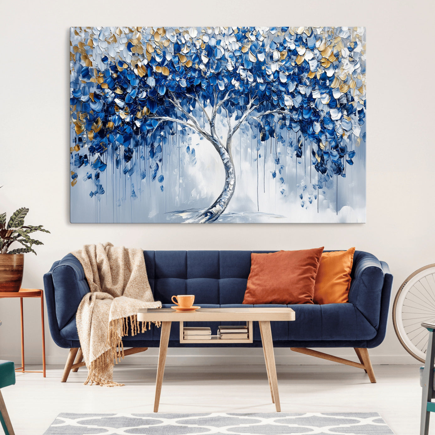 62350-MGV-CV-36X24-Blue and Gold Abstract Tree Wall Art Canvas Print | Modern Tree of Life Painting | Framed Canvas
