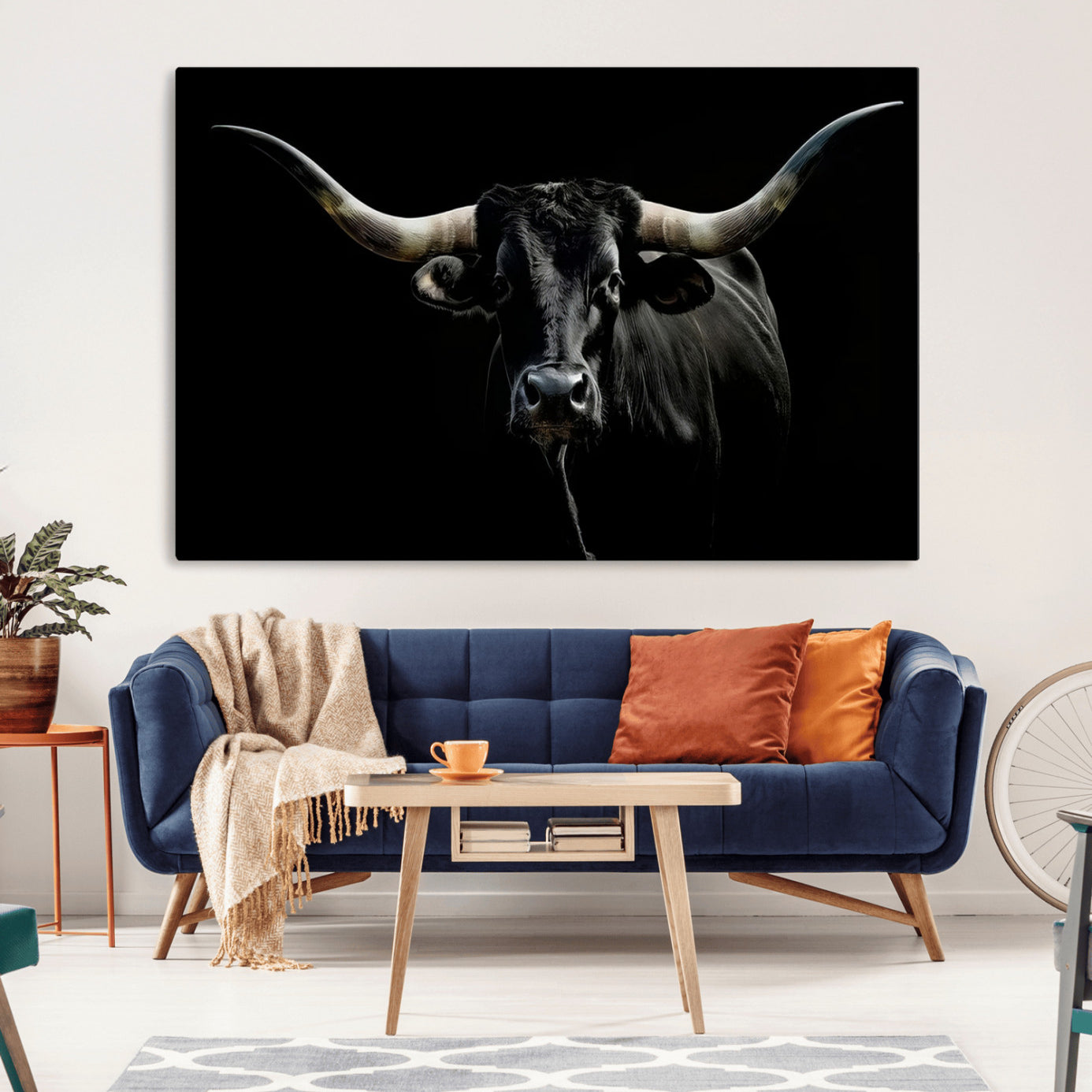 20679-MGV-CV-36X24-Texas Black Longhorn Bull Wall Art Canvas Print - Western Texas Cattle Rustic Decor Print - Longhorn