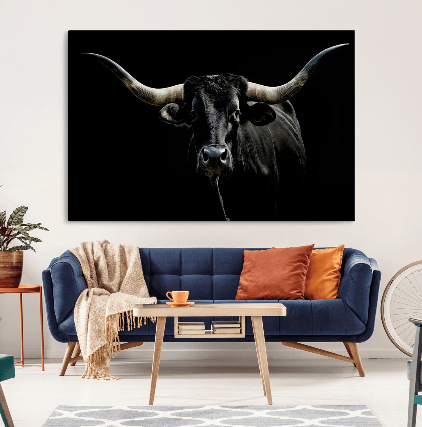 20679-MGV-CV-36X24-Texas Black Longhorn Bull Wall Art Canvas Print - Western Texas Cattle Rustic Decor Print - Longhorn