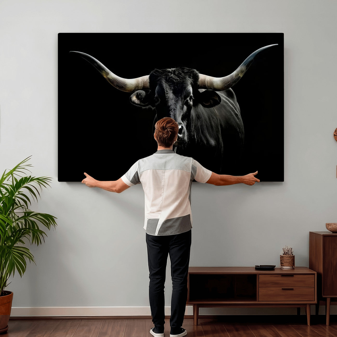 20679-MGV-CV-36X24 - Texas Black Longhorn Bull Wall Art Canvas Print - Western Texas Cattle Rustic Decor Print - Longhorn