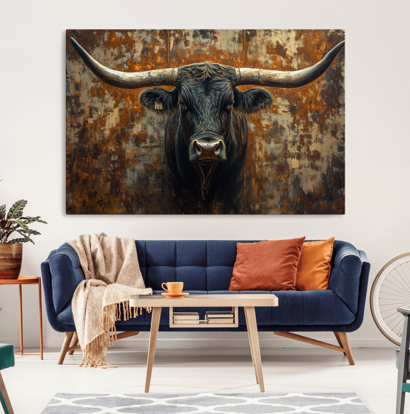 68068-MGV-CV-36X24-Longhorn Texas Cow Bull Wall Art | Rustic Farmhouse Canvas Print | Ready to Hang Barn Decor for