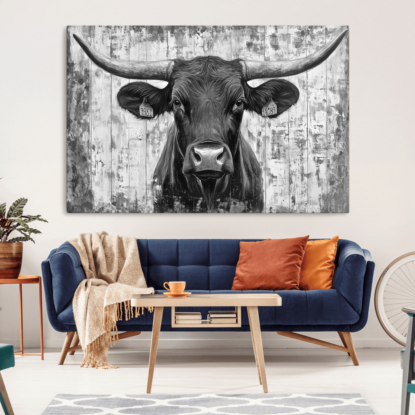 45514-MGV-CV-36X24-Abstract Longhorn Bull Wall Art Canvas Print - Rustic Texas Western Cow Artwork