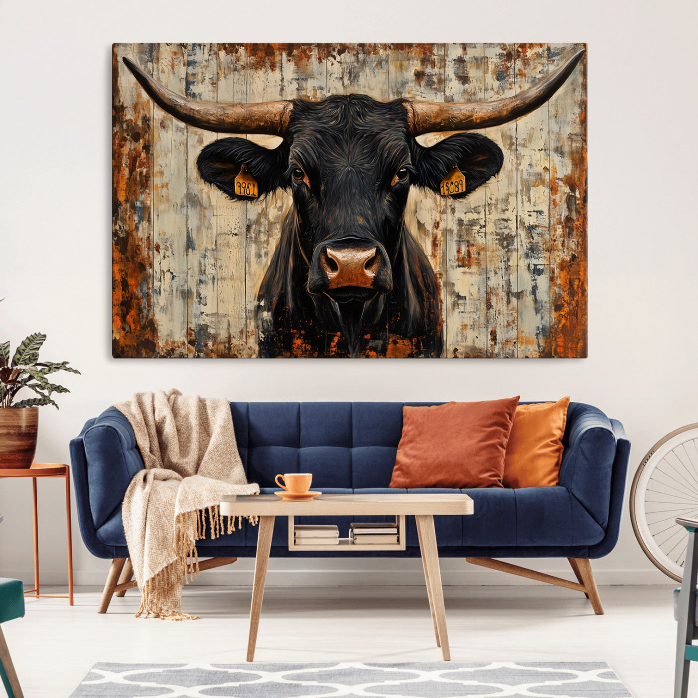 -Rustic Texas Artwork Wall Art Canvas Print - Abstract Cow Longhorn Bull Wall Art Canvas Print