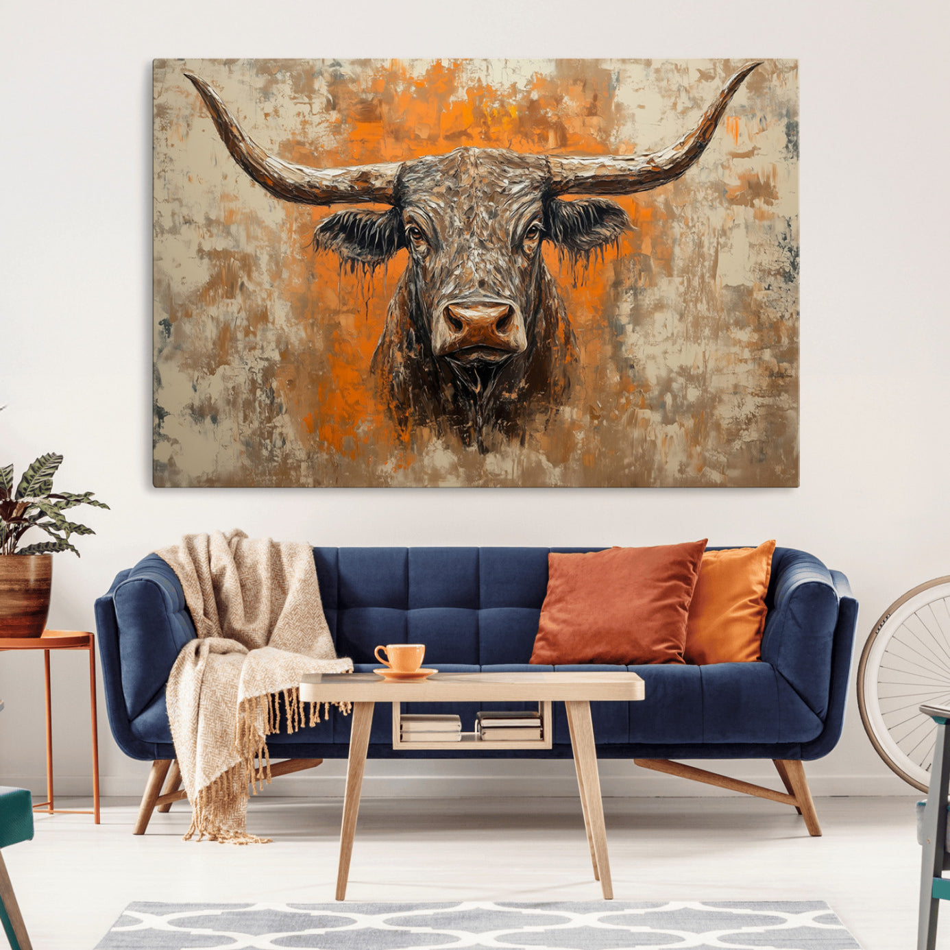 -Abstract Cow Longhorn Bull Wall Art Canvas Print - Rustic Texas Western Cattle Artwork