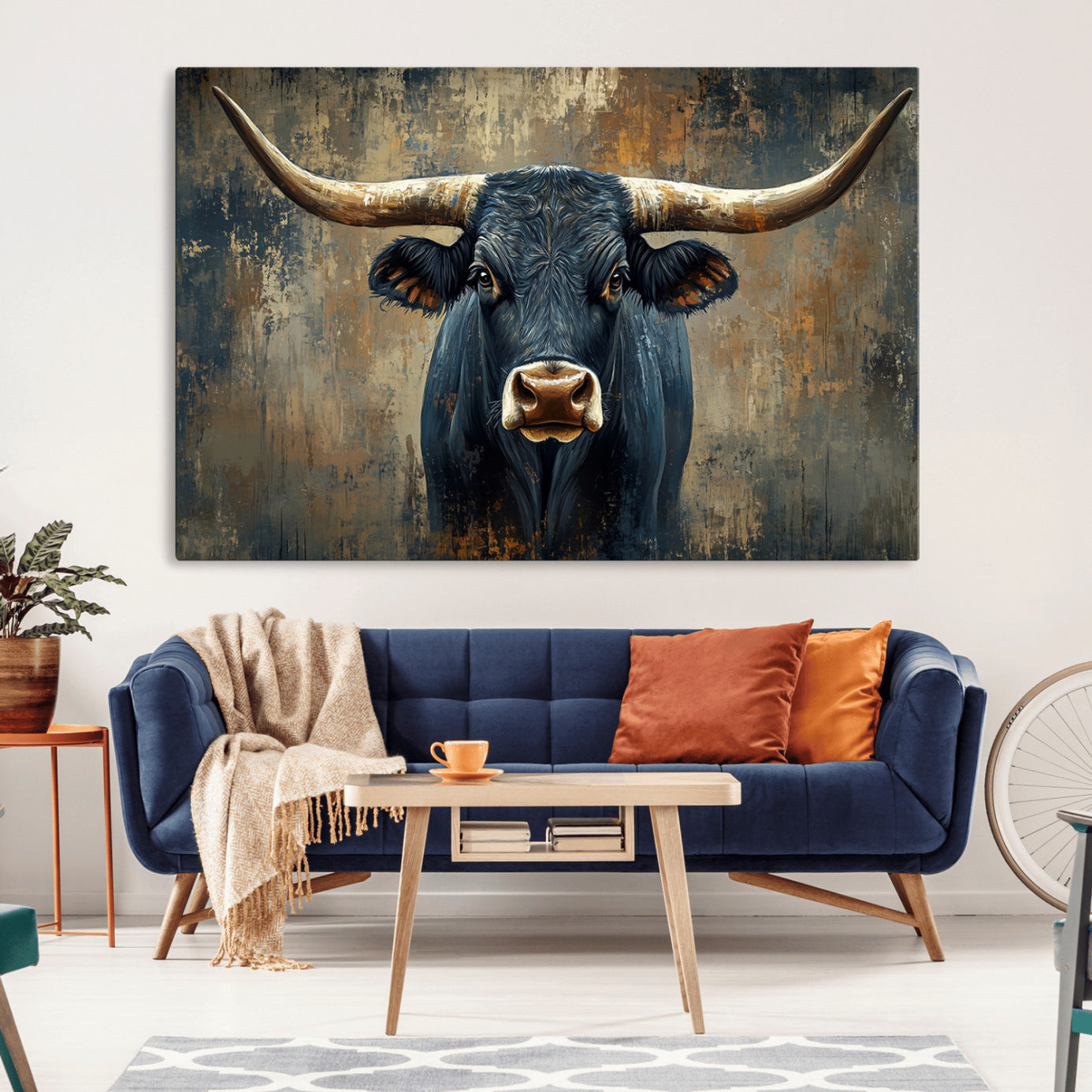 42026-MGV-CV-36X24-Texas Western Wall Art Canvas Print - Abstract Cow Longhorn Bull Wall Art Canvas Print - Rustic Cow