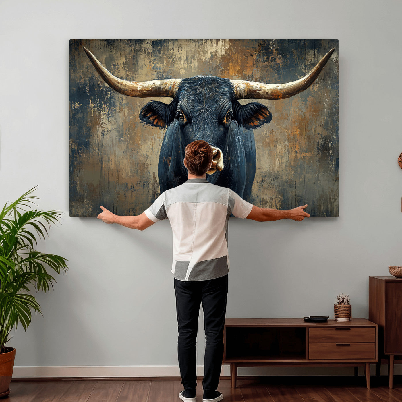 42026-MGV-CV-36X24 - Texas Western Wall Art Canvas Print - Abstract Cow Longhorn Bull Wall Art Canvas Print - Rustic Cow