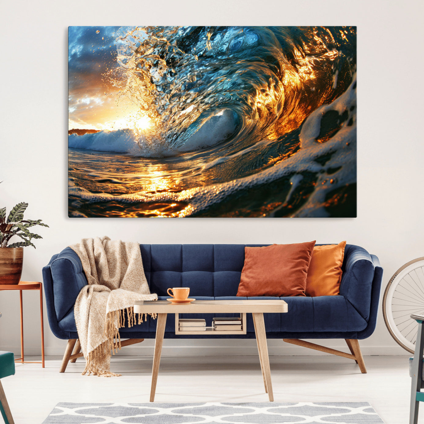 -Ocean Wave at Sunset Canvas Wall Art – Vibrant Coastal Beach Waves Print, Large Nautical Decor,