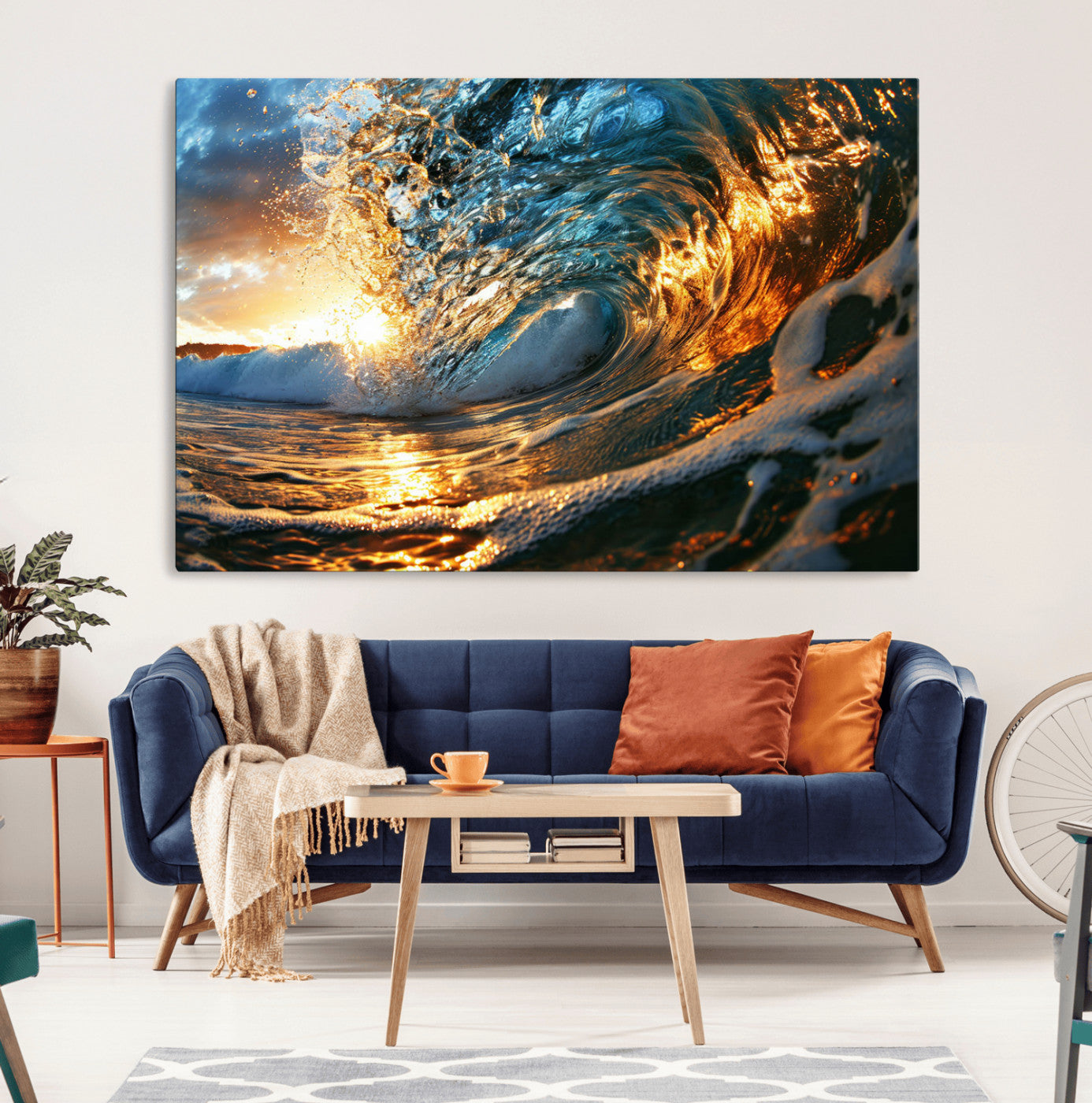 41370-MGV-CV-36X24-Ocean Wave at Sunset Canvas Wall Art – Vibrant Coastal Beach Waves Print, Large Nautical Decor,