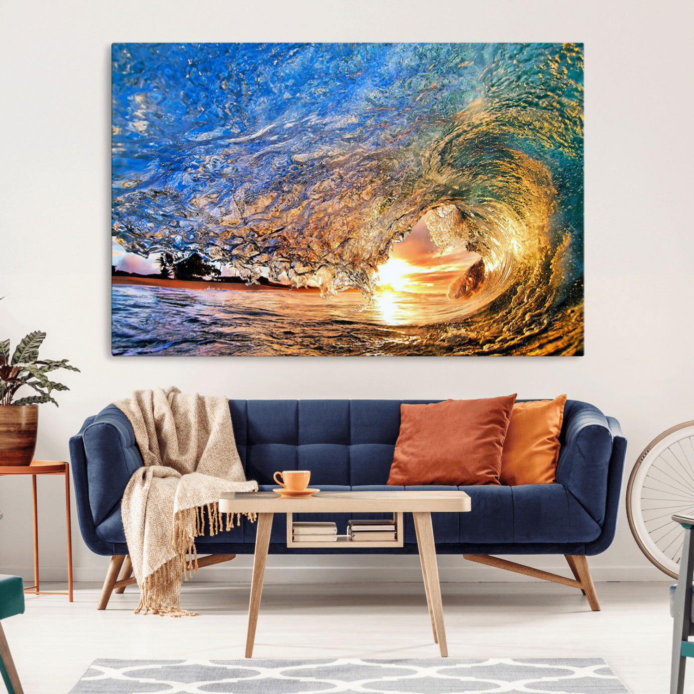 84627-MGV-CV-36X24-Ocean Wave at Sunset Canvas Wall Art – Vibrant Coastal Beach Waves Print, Large Nautical Decor,
