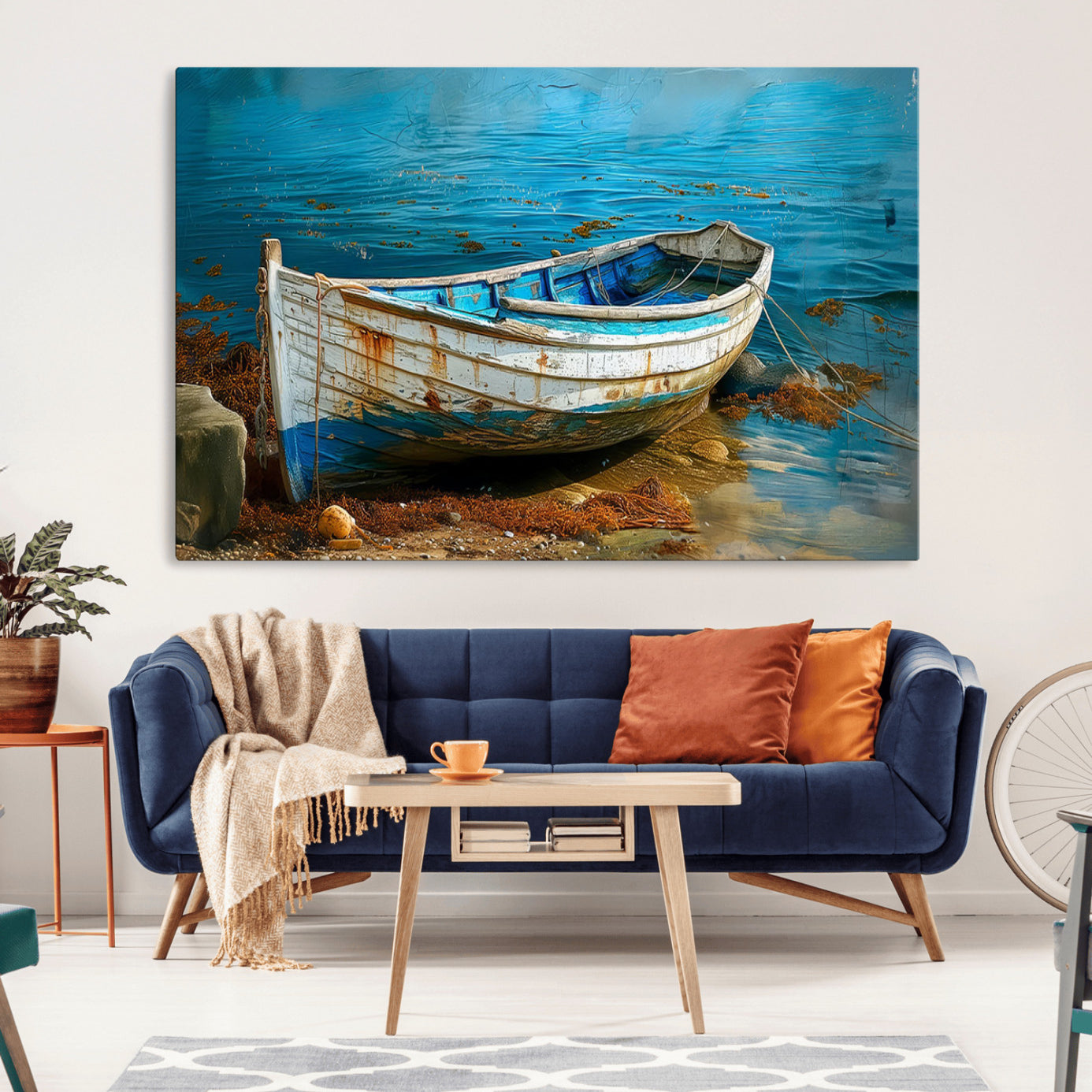 54716-MGV-CV-36X24-Vintage Boat on Tranquil Waters | Coastal Wall Art for Nautical Decor | Rustic Triptych Canvas Print