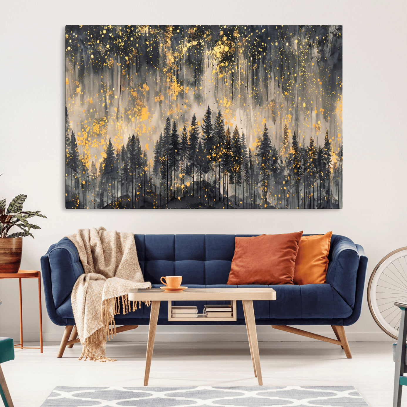 46049-MGV-CV-36X24-Golden Forest Abstract Wall Art | Dark Forest with Gold Splatter Accents | Triptych Ready to Hang