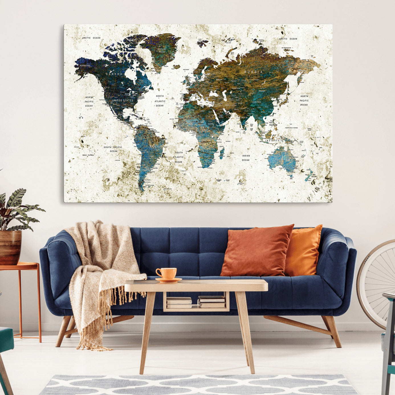 89176-MGV-CV-36X24-Vintage Blue and Brown World Map Canvas Wall Art – Framed Rustic Map Print, Earth Tone Travel Decor for Stylish Home and Office Walls