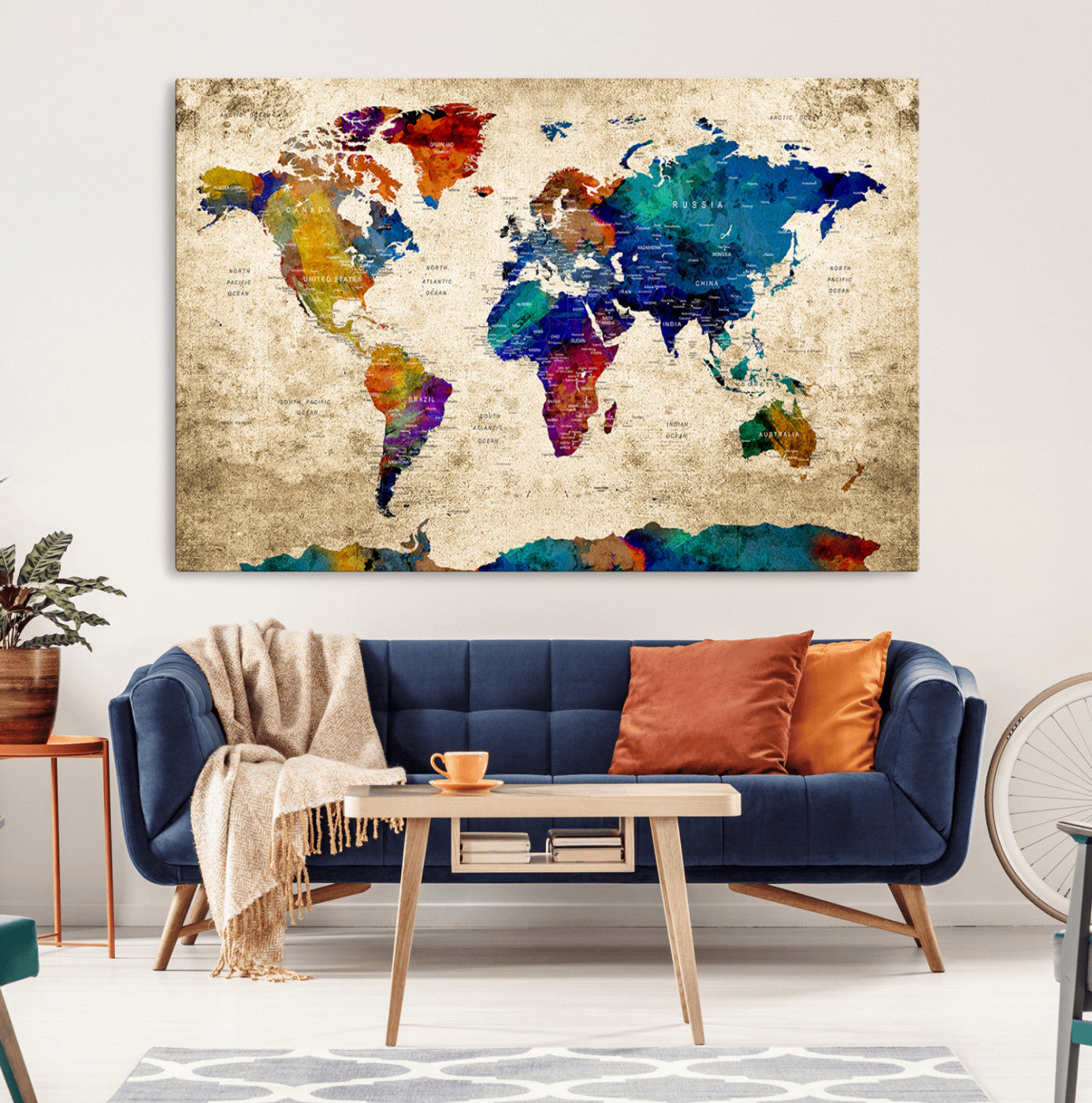 99274-MGV-CV-36X24-Push Pin World Map Canvas Print – Travel Tracker Wall Art for Couples, Perfect Anniversary Gift for Home or Office Decor