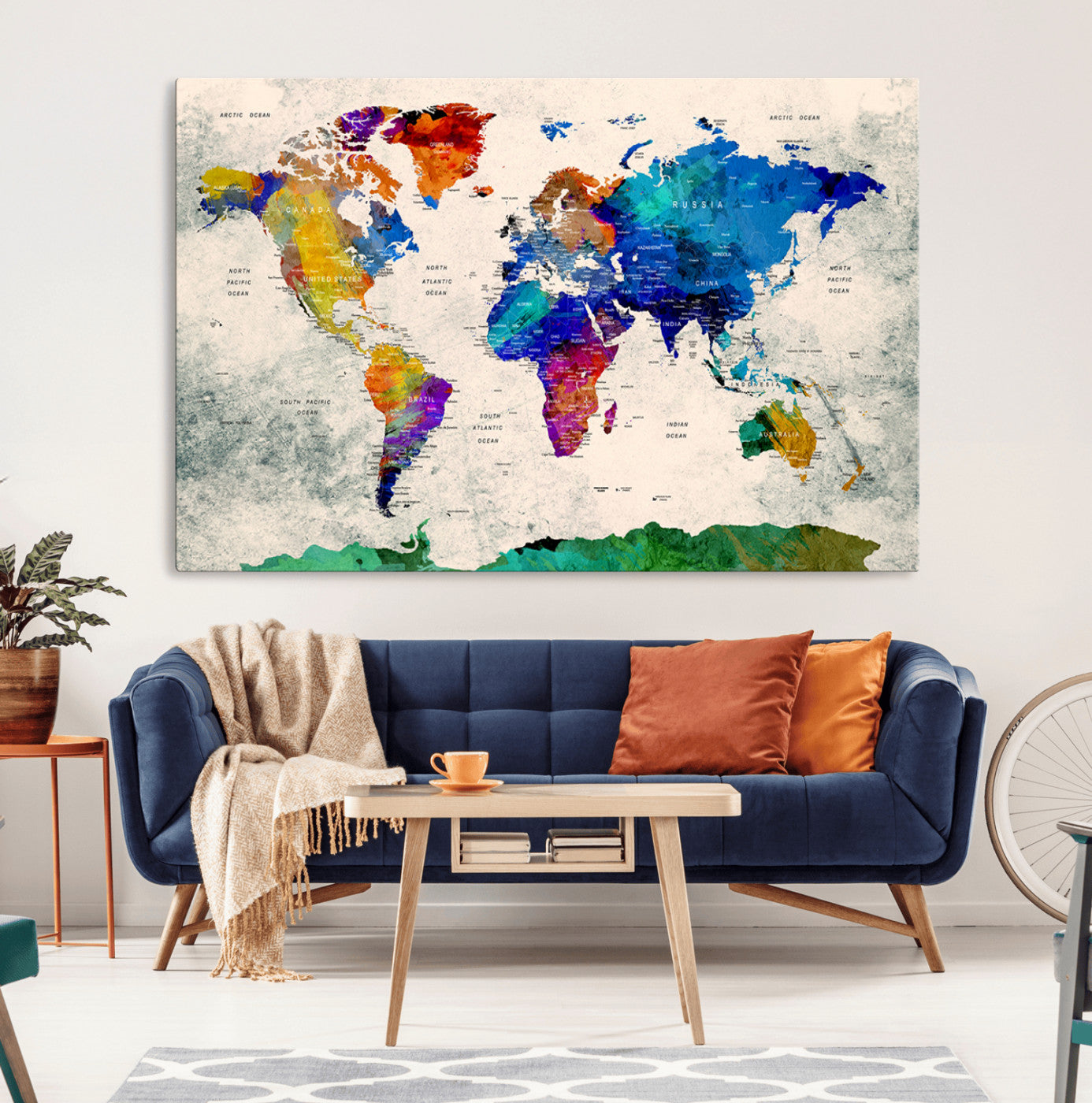 67752-MGV-CV-36X24-Push Pin World Map Canvas Print – Framed Travel Map Wall Art for Couples, Anniversary Gift, Modern Home or Office Decor