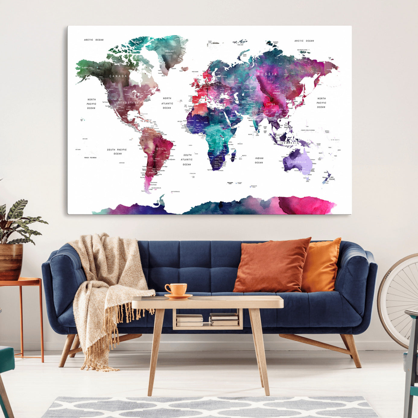 78176-MGV-CV-36X24-Colorful Watercolor World Map Canvas Wall Art – Framed Modern Map Print, Vibrant Travel Inspired Artwork for Home and Office Decor