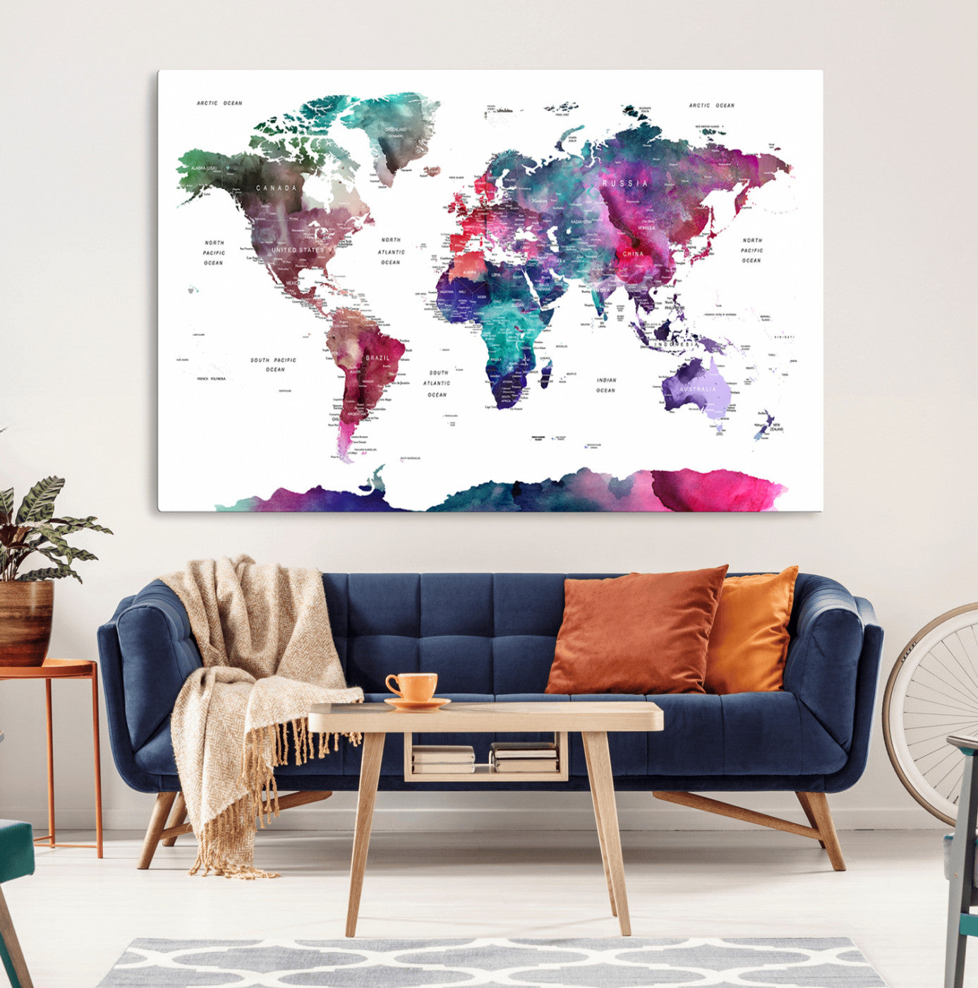 78176-MGV-CV-36X24-Colorful Watercolor World Map Canvas Wall Art – Framed Modern Map Print, Vibrant Travel Inspired Artwork for Home and Office Decor