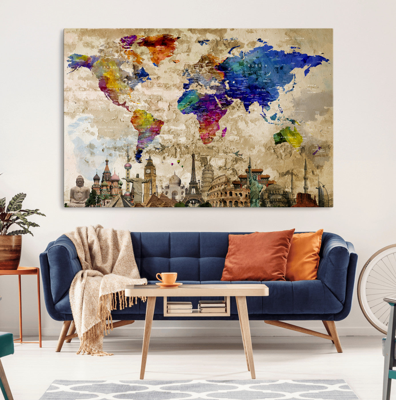 -Push Pin World Map Canvas Print – Framed Travel Tracker Wall Art for Couples, Anniversary Gift and Modern Home Decor